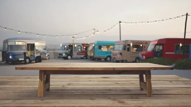 A serene evening at a campground with food trucks, a wooden bench and picnic table under warm lighting.