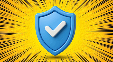 A 3d blue shield icon for cyber safety and data protection. This security emblem on a comic burst background