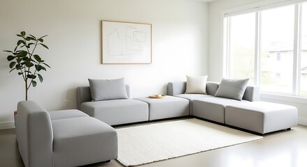 Obraz premium Modern Living Room with Grey Modular Sofa and Large Window.