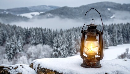 Winter landscape with a kerosene lamp