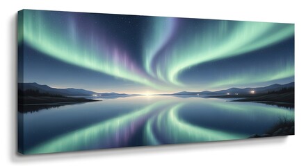 Aurora Borealis Reflection: Majestic Northern Lights over Icelandic Fjord.