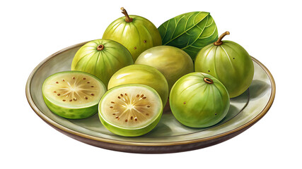 A collection of whole and halved green gooseberries arranged on a plate, isolated on transparent background