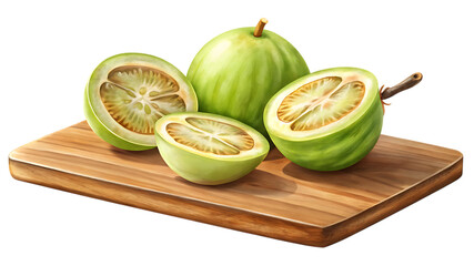 Whole and halved green gooseberries on a wooden cutting board, isolated on transparent background