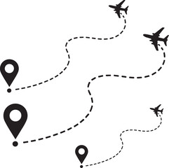 Airplane flight route with location pin. Plane path with dotted line. Travel and destination concept. Aircraft flying from start point
