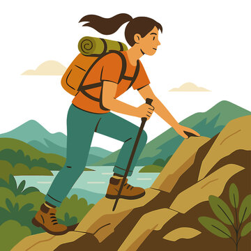 A daring young woman ascends a rocky hill wearing hiking gear amid a picturesque landscape