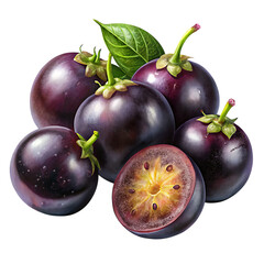 A cluster of ripe purple star apples, also known as caimito, with one fruit cut in half to reveal its starshaped interior, isolated on a transparent background