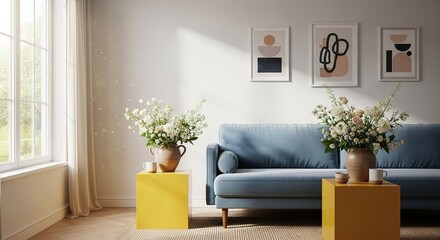 Sunlit Modern Living Room with Blue Sofa Yellow Side Tables Fresh White Flowers and Minimalist Art Decor.