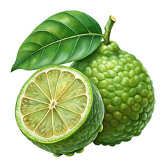 A whole kaffir lime with a leaf and a half kaffir lime cut open, isolated on transparent background