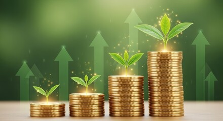 Golden Coin Stacks with Sprouting Plants: Financial Growth and Investment Success.
