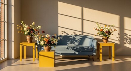 Golden Hour Sunlight Casts Dramatic Window Shadows Across a Serene Blue Sofa.
