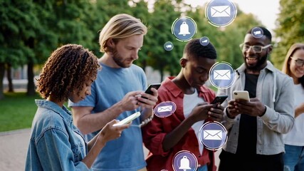 Group of young people using smartphones, receiving messages and notifications from social networks, addicted to new technologies and digital media - Powered by Adobe