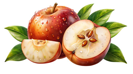 A whole red apple, a half apple, and a slice of apple with water droplets and green leaves, isolated on transparent background
