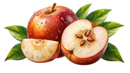 A whole red apple, a half apple, and a slice of apple with water droplets and green leaves, isolated on transparent background