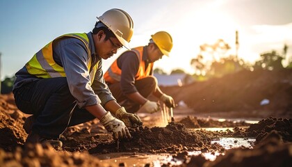 Two construction workers examining soil