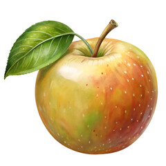 A single ripe apple with a green leaf and stem, showing a mix of yellow, green, and red colors, isolated on transparent background