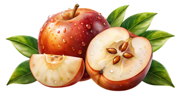 A whole red apple, a half apple, and a slice of apple with water droplets and green leaves, isolated on transparent background - Powered by Adobe