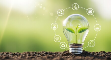 Sprout in Lightbulb: Sustainable Energy Concept with Green Bokeh Background and Circular Icons.