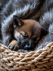 A newborn German Shepherd puppy is curled up and asleep in a woven basket, nestled in a soft, fluffy blanket for warmth and comfort