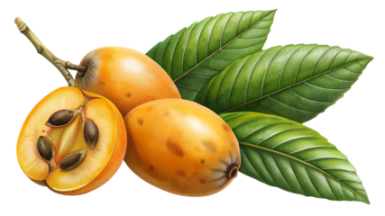 A loquat cut in half revealing its seeds, alongside whole fruits and green leaves, presented on a transparent background, isolated on transparent background