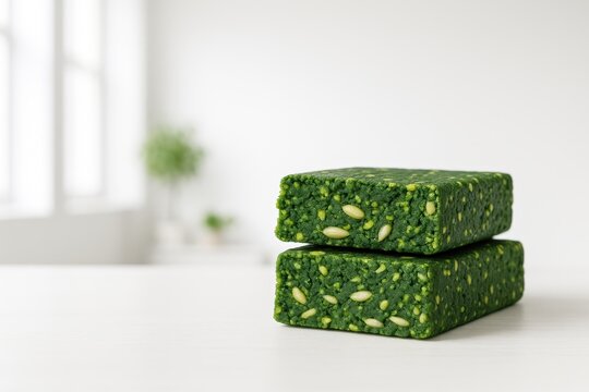 Two stacked vibrant green raw snack bars with seeds, set on a bright minimalist background with natural light.