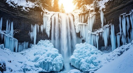 Stunning Winter Waterfall with Icicles and Snow in a Grotto.
