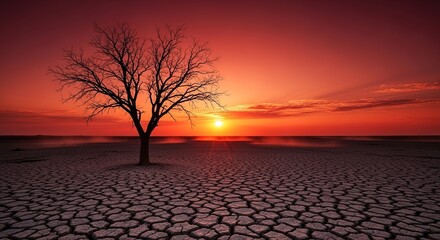 Dramatic Sunset Over Cracked Earth with Silhouetted Tree Fiery Sky.