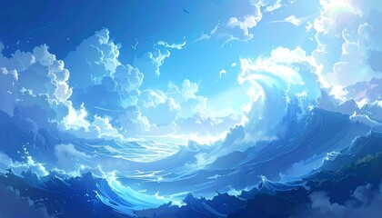 Vast, swirling clouds and waves meet a bright blue sky