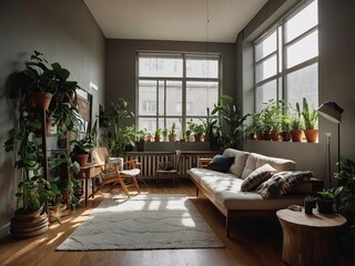 Fototapeta premium Cozy Green Living Space — Sunlit Apartment with Indoor Plants and Contemporary Decor