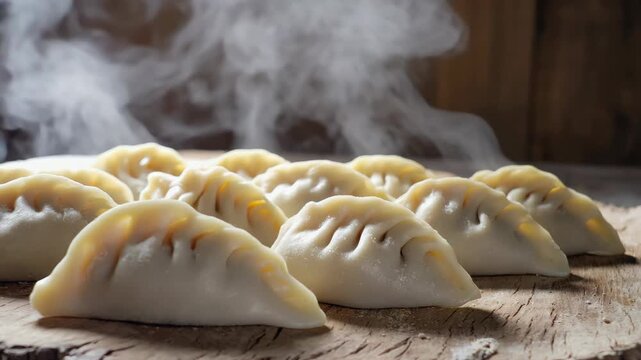 Puffy, golden baked pastries with creases in tops and sweet fillings. Steaming from the oven on a wooden board.