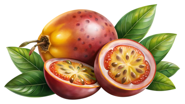 A whole passion fruit with red skin and spots, surrounded by green leaves, next to a halved passion fruit revealing its vibrant yellow pulp and seeds, isolated on transparent background