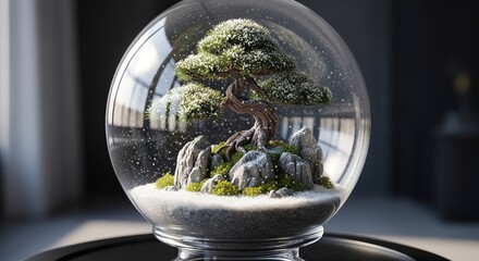 Serene Bonsai Tree Terrarium: Miniature Landscape in Glass Globe Zen Garden.