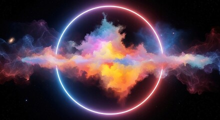 Luminous Neon Circle Enclosing Vibrant Ethereal Cloudscape Against Dark Backdrop.