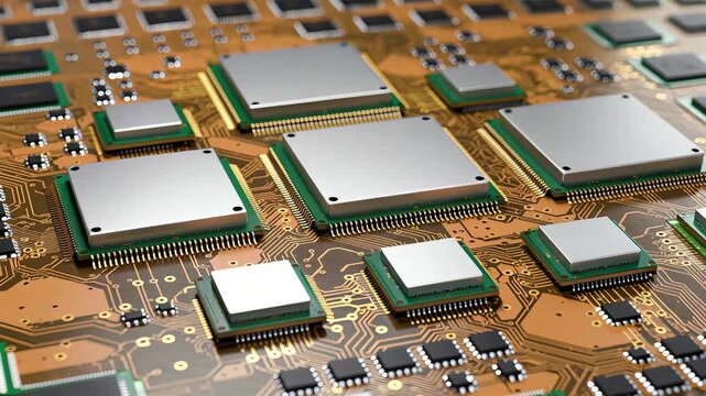 Macro close-up of modern CPU chiplet modules mounted on an interposer substrate with gold micro bumps and intricate circuit patterns. Concept of semiconductor design, fabrication, and technology.