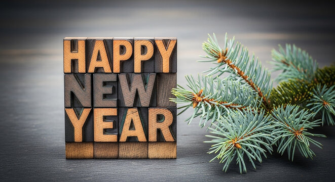 Happy new year text made from vintage letterpress wood blocks with a pine branch on a rustic wooden background, festive holiday greeting concept