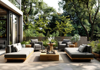 Fototapeta premium Cozy outdoor lounge features stylish gray furniture surrounded by vibrant plants, providing a peaceful space to relax and enjoy nature during sunny weather