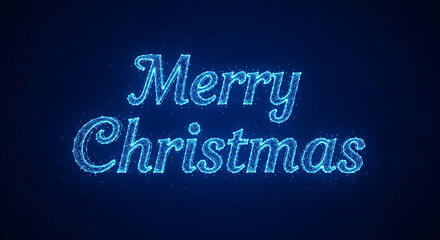 Merry christmas text made of glowing blue particles and light effects on a dark background, magical and festive holiday greeting