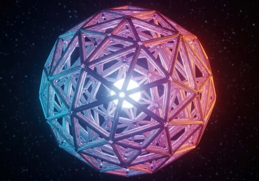 Abstract geometric sphere with intricate structure and glowing core, illuminated by vibrant neon lights in the darkness of space