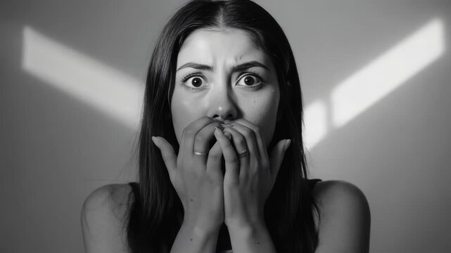 Female with hands on mouth, wide eyes and open mouth, expression of surprise or shock. - Powered by Adobe