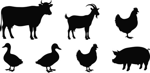 Farm animal silhouettes, livestock vector set, black rural icons, domestic animals illustration, agriculture design elements, flat vector illustration