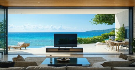 Fototapeta premium Glossy dark panel tv off mounted in open plan villa with sea wind flowing