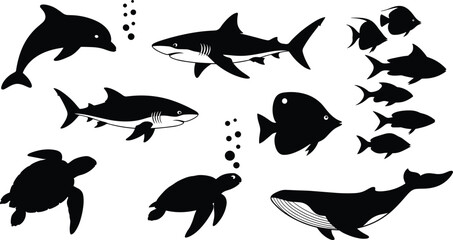 Silhouette sea animals, marine life vector, ocean creatures illustration, black aquatic icons, underwater wildlife set, flat vector illustration