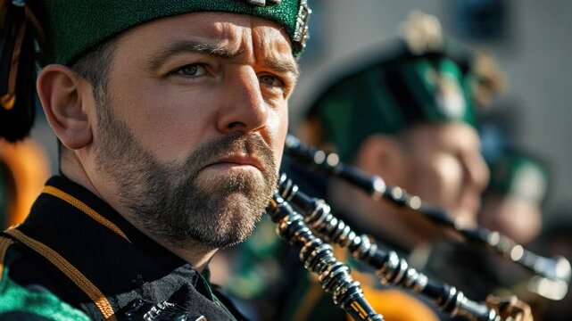 Man wearing kilt and pipe band uniform, looking stern, with bagpipes and drums in the background.