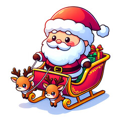 Cute Santa Claus Riding Sleigh with Reindeers and Christmas Gifts – Snowy Winter Background