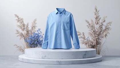 Light blue button-up shirt presented on a minimalist pedestal with surrounding dried plants and flowers, creating a clean and modern aesthetic.