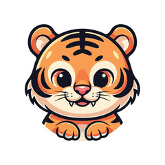 Adorable cartoon tiger cub with big eyes looking directly at you, perfect for children's illustrations, friendly designs, or playful brand mascots