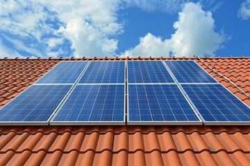 Solar panels are securely mounted on a clay tile roof, capturing sunlight to generate clean energy. The bright blue sky enhances the scene