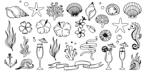 Summer Beach Vacation Line Art Seashells Tropical Flowers Cocktails Seahorse Ocean Waves Relaxation Travel and Island