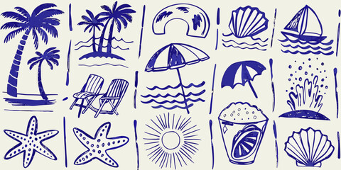 Hand drawn blue ink summer vacation doodles of palm trees beach chairs umbrellas seashells and a sailboat on a cream background