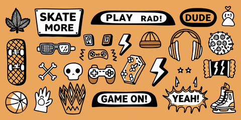 Collection of hand drawn doodles featuring skateboards video games and positive phrases on an orange background © SreemotiRaba