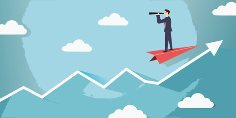 Obraz premium Businessman on paper airplane with telescope looking towards future growth and success on upward trend graph